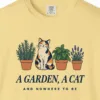 a-garden-a-cat-tee-butter-chest Close-up of the A Garden a Cat print on a Butter Comfort Colors 1717 tee