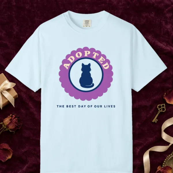 Adopted design on a Chambray Comfort Colors 1717 tee, laid flat