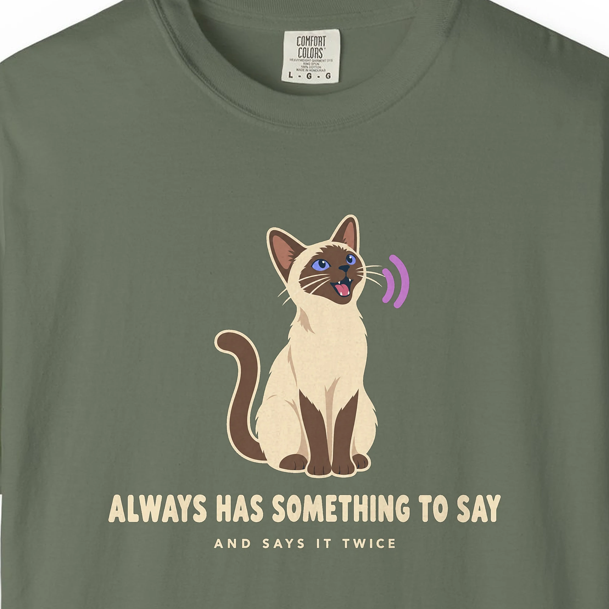 Close-up of the Always Has Something to Say print on a Moss Comfort Colors 1717 tee