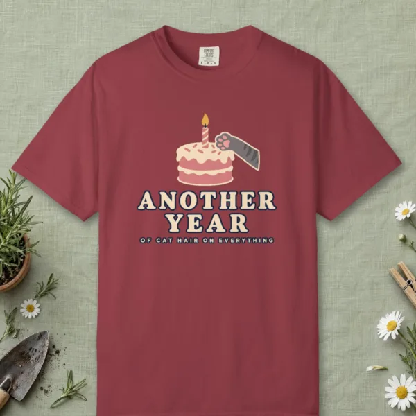 another-year-of-cat-hair-tee-chili-front Another Year of Cat Hair design on a Chili Comfort Colors 1717 tee, laid flat