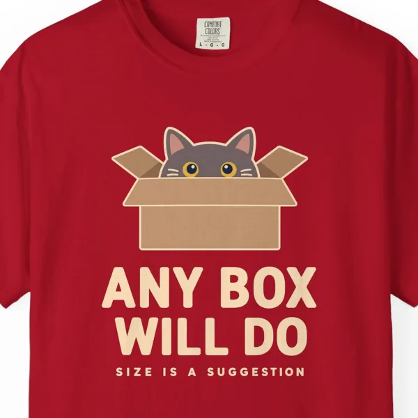 Close-up of the Any Box Will Do print on a Red Comfort Colors 1717 tee