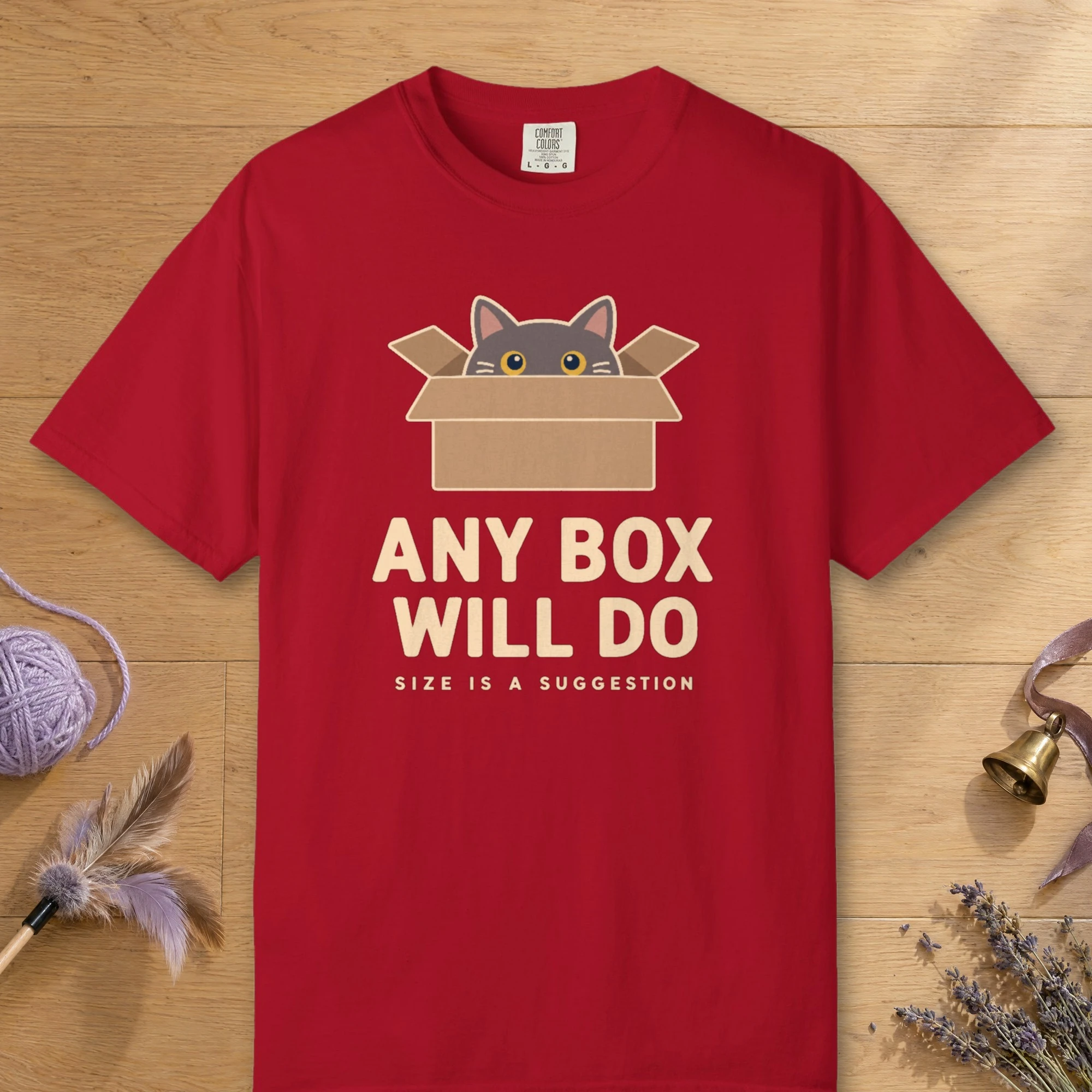 Any Box Will Do design on a Red Comfort Colors 1717 tee, laid flat