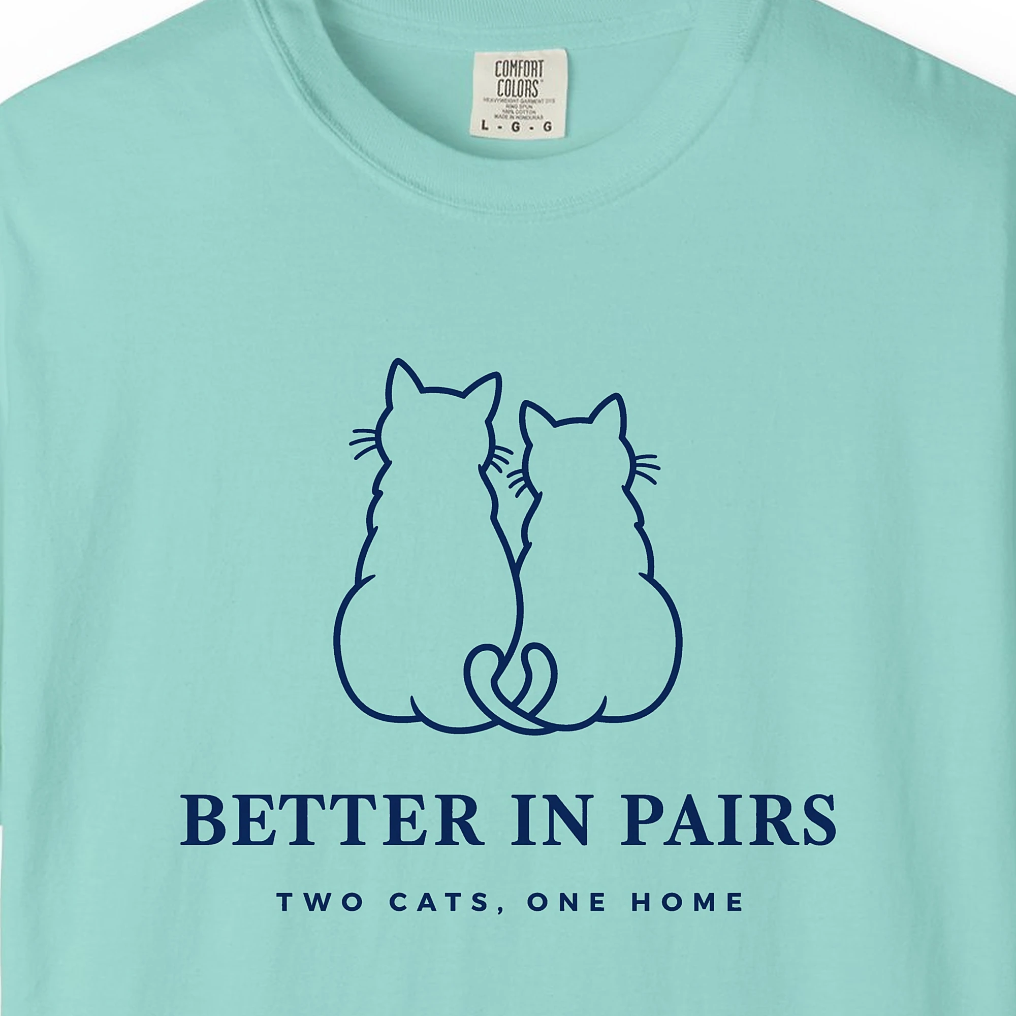 Close-up of the Better in Pairs print on a Chalky Mint Comfort Colors 1717 tee