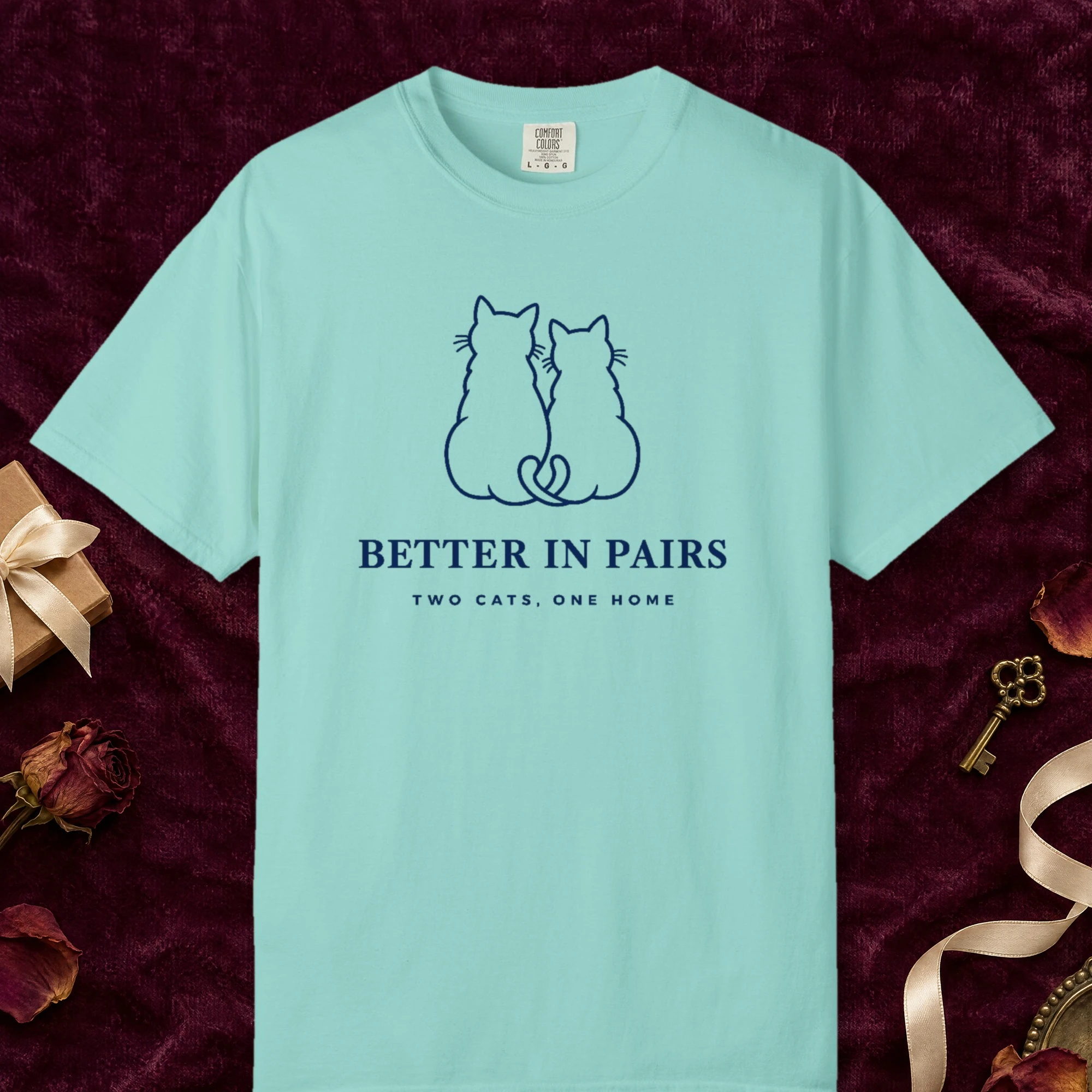Better in Pairs design on a Chalky Mint Comfort Colors 1717 tee, laid flat