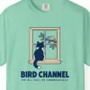 Close-up of the Bird Channel print on an Island Reef Comfort Colors 1717 tee