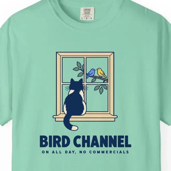 Close-up of the Bird Channel print on an Island Reef Comfort Colors 1717 tee