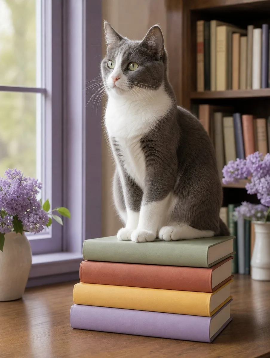 A gray-and-white cat sitting on a stack of colorful books