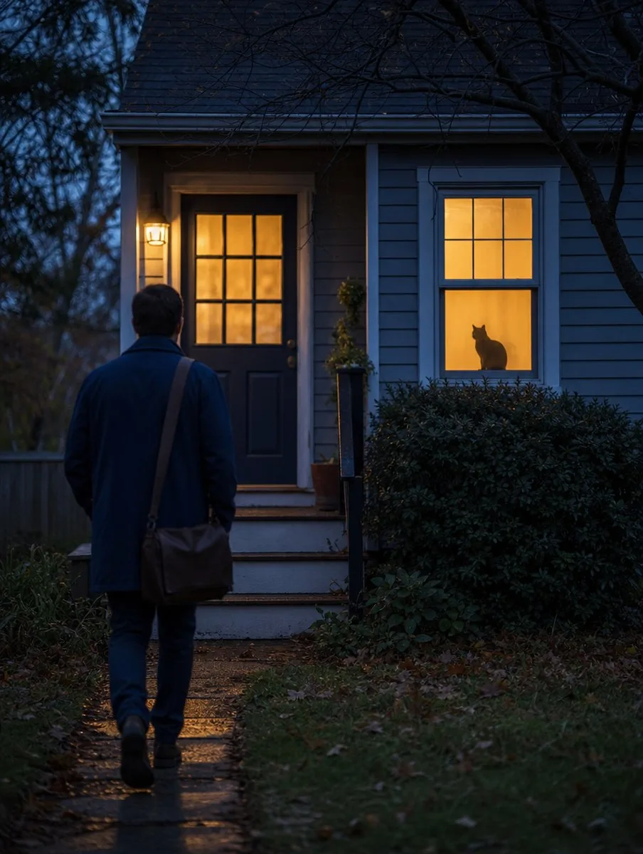 A cat waiting in a lit window as someone walks up to the door at dusk