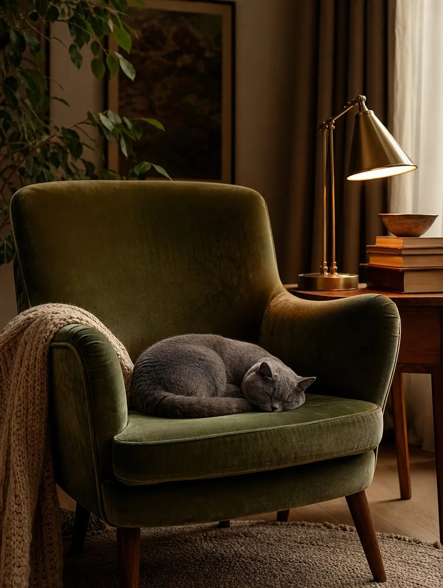 A blue-gray British Shorthair asleep in an armchair