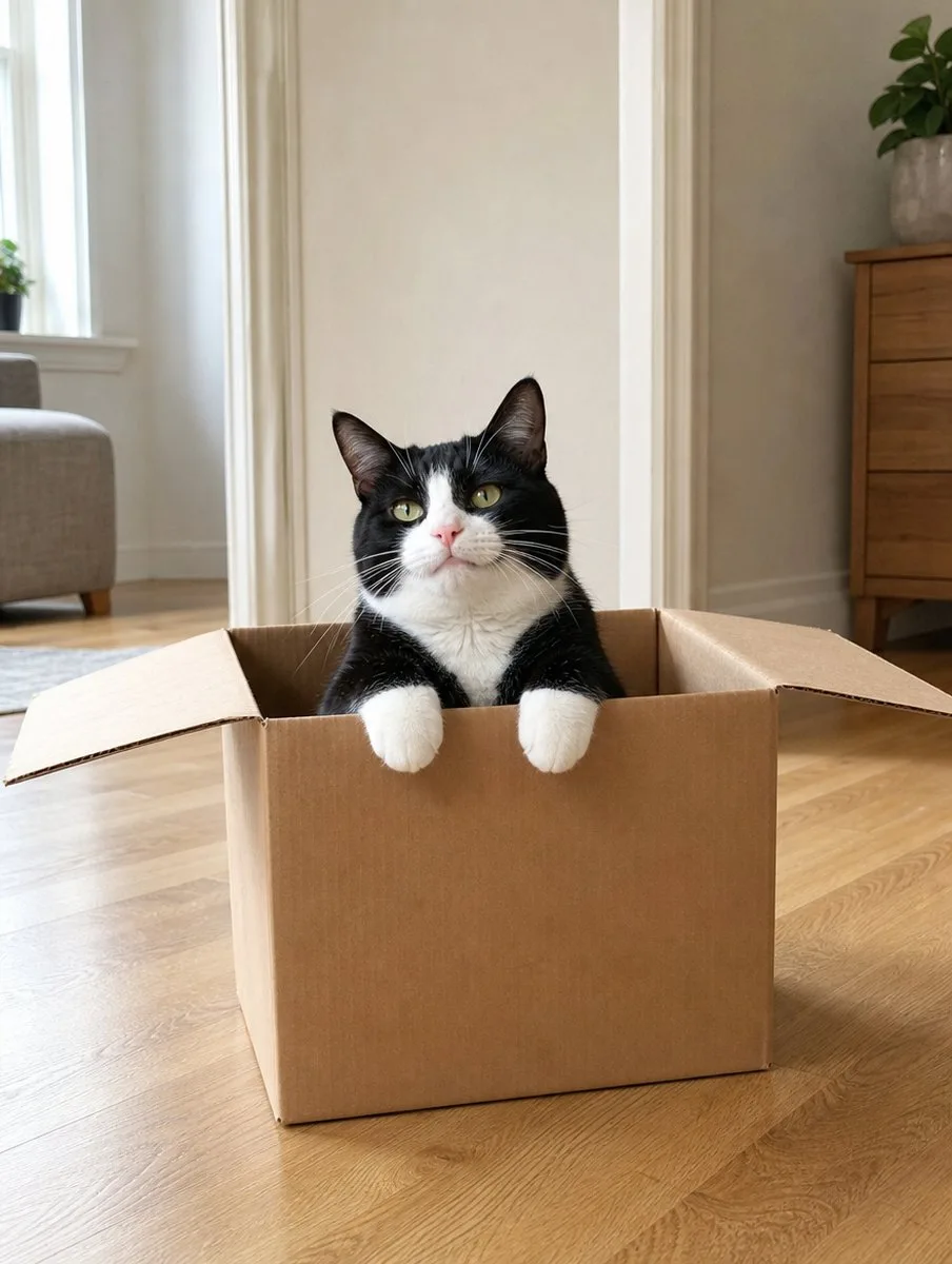 A black-and-white tuxedo cat sitting in a plain cardboard box