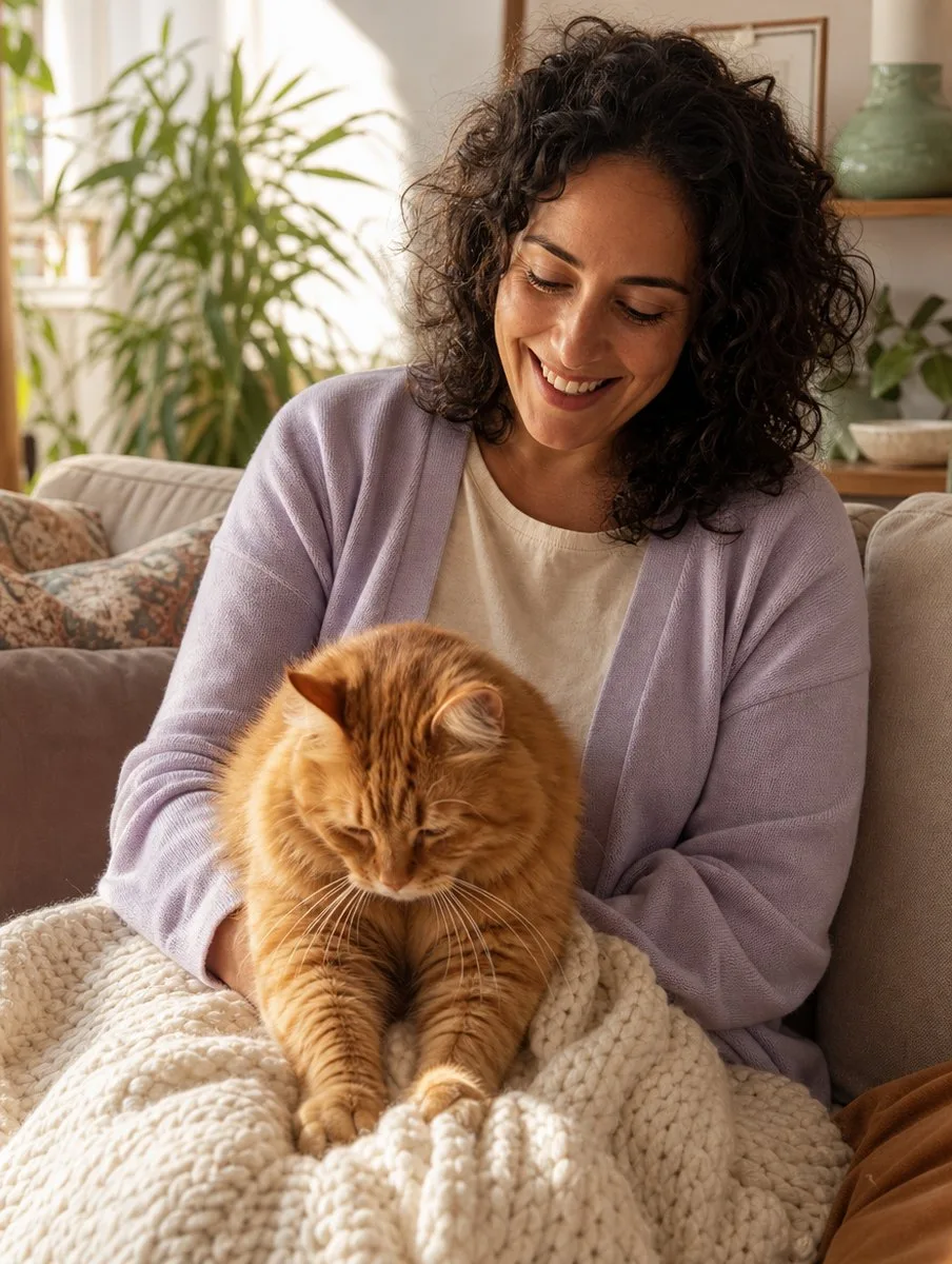 A smiling woman on a sofa with a ginger cat kneading a cream knit blanket on her lap