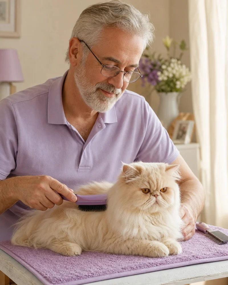 An older man gently brushing a fluffy cream Persian cat on a grooming table at home