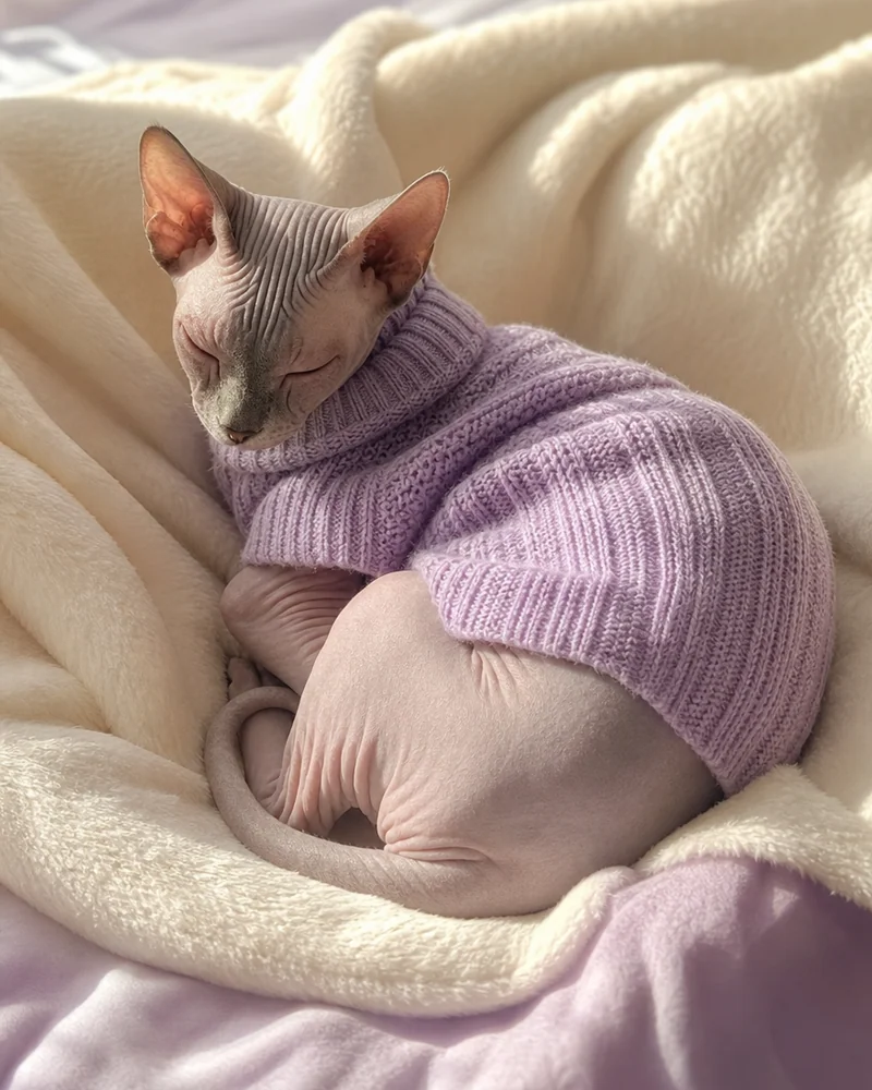A hairless cat wearing a soft knitted sweater curled on a heated blanket, warm light