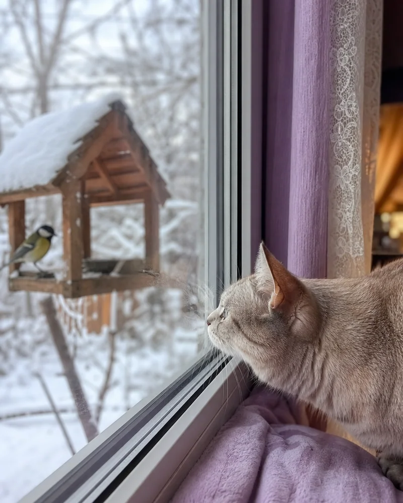 A cat with its nose to a window glass watching a bird feeder outside in a snowy garden