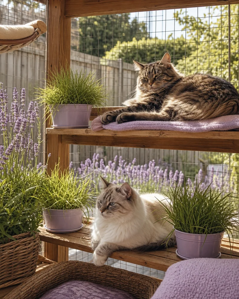 A wooden catio in a back garden with two cats lounging on shelves among cat grass pots, summer
