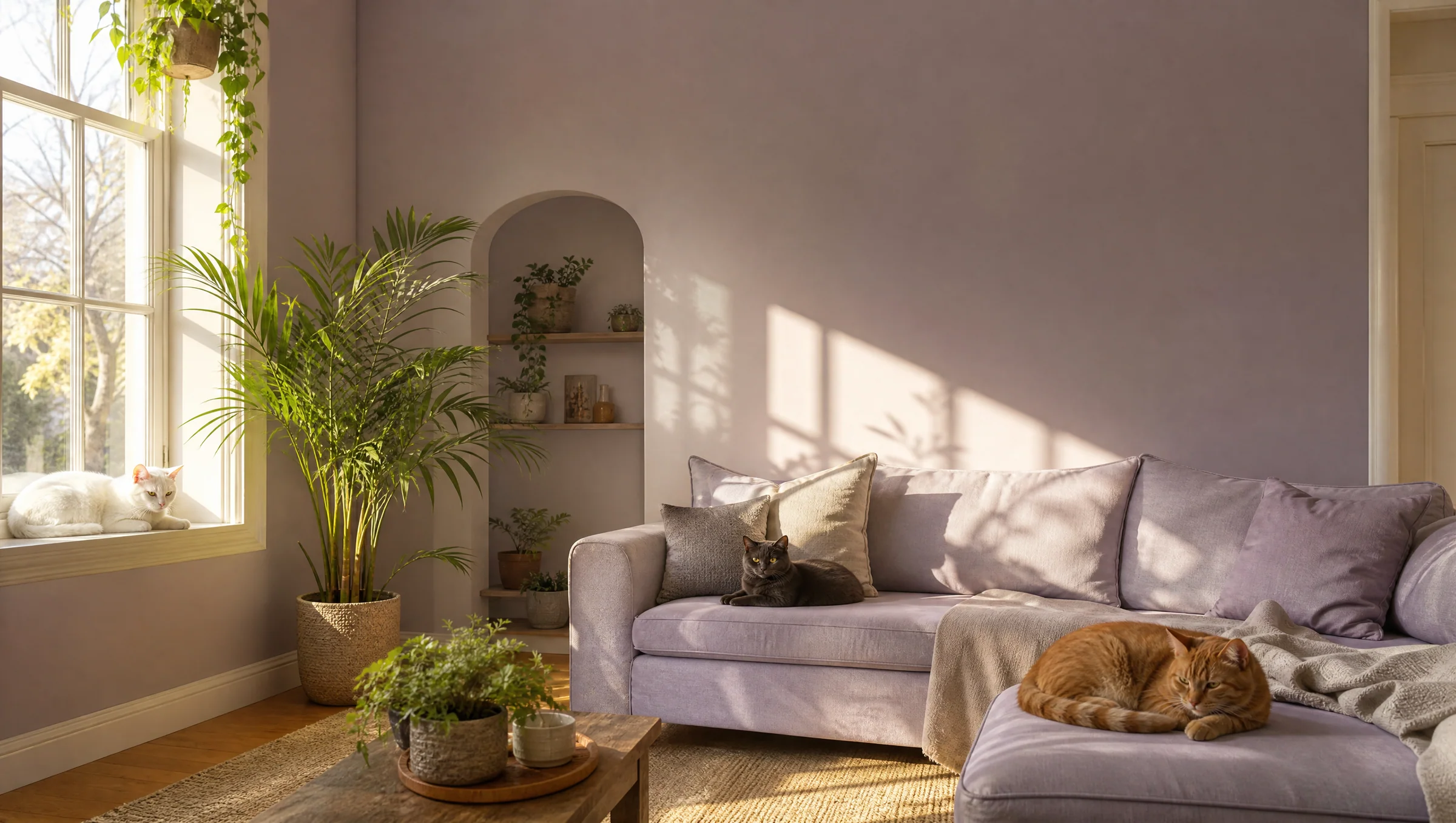 A wide sunlit living room with plants, a sofa and three cats of different colors each in their own sunny spot, no people, deep calm composition with space at the top