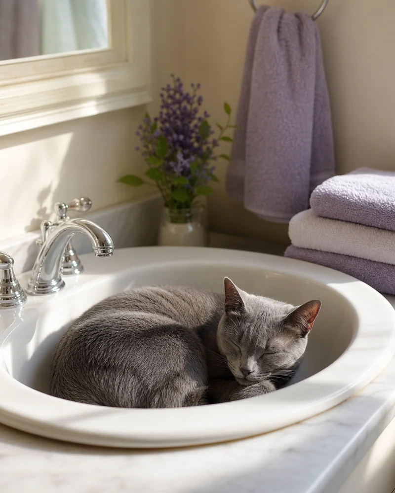 A small gray cat napping in a clean dry bathroom sink, morning light, towels neatly folded