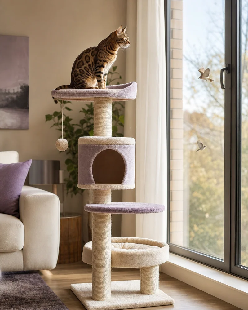 A tall cat tree by a big window in a modern apartment, a Bengal-pattern cat on the top platform watching birds outside