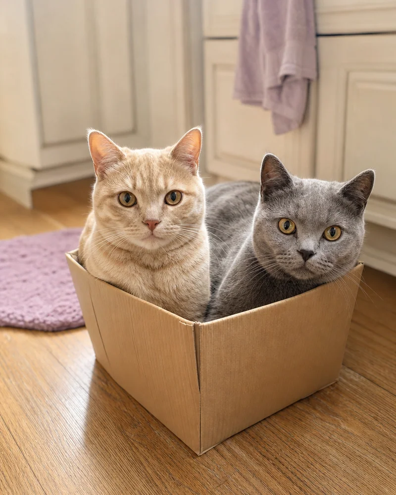 Two cats squeezed into one small cardboard box on a kitchen floor, looking at the camera