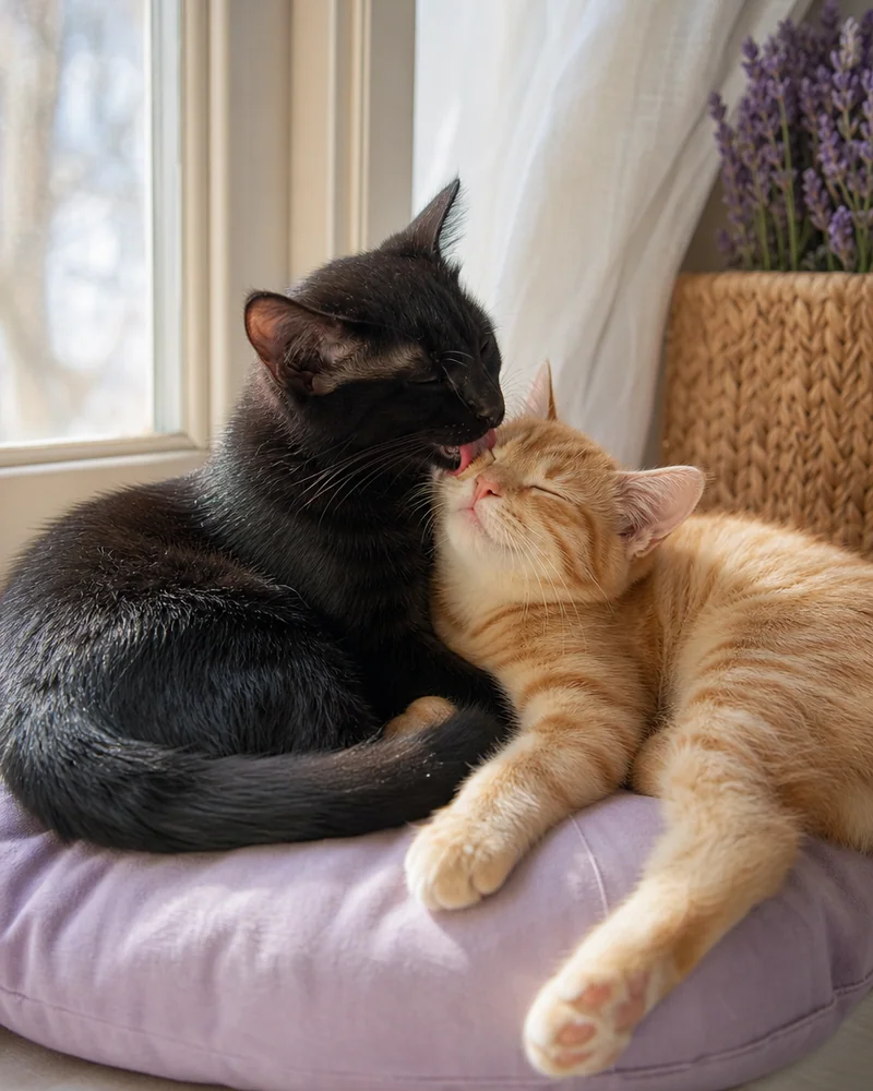 Two young cats, black and orange, grooming each other on a windowsill cushion