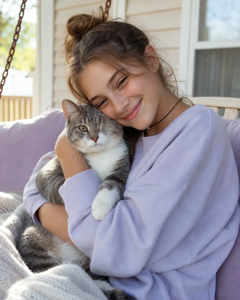 A teenage girl hugging a one-eyed rescue cat on a porch swing, both content