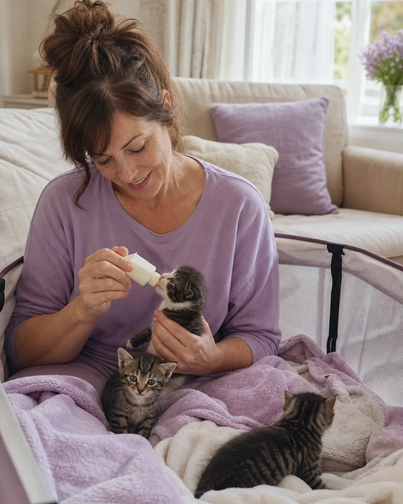 A woman in her forties fostering three tiny kittens in a playpen with blankets in her living room, bottle-feeding one