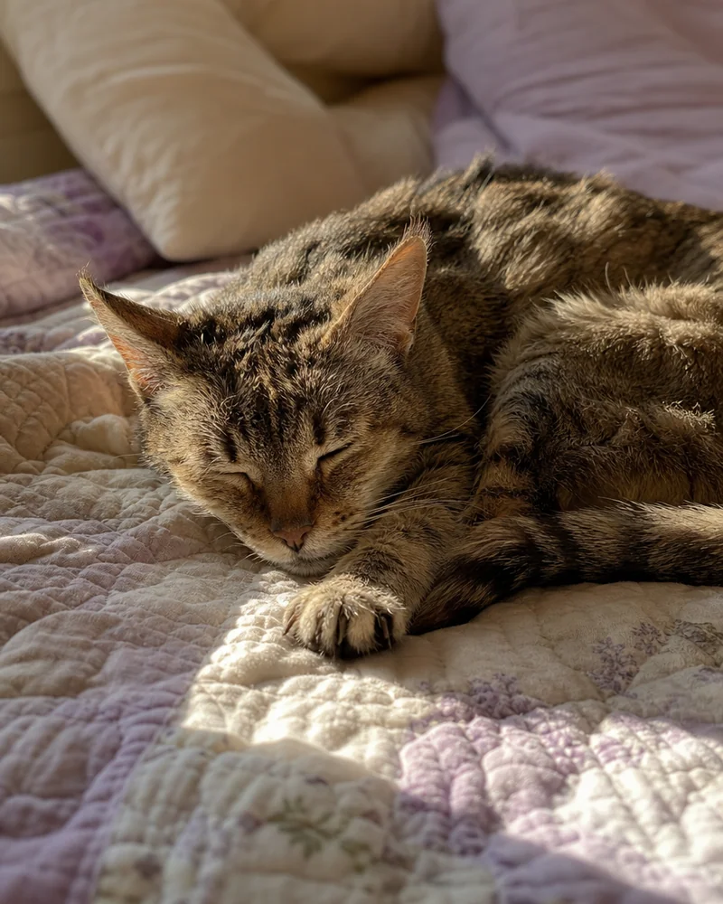 A very old thin tabby cat sleeping in a sunspot on a quilt, peaceful