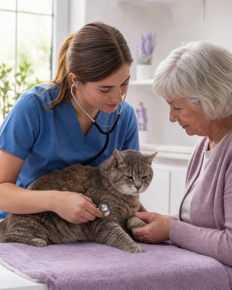 A kind vet in a plain blue top gently listening to an old cat with a stethoscope while its elderly owner holds its paw, bright clean room