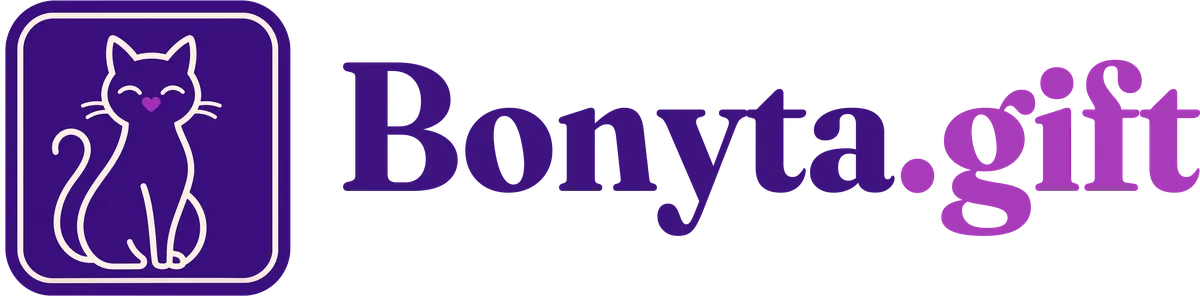 Bonyta.gift logo: a cream line-drawn cat on a deep violet tile beside the Bonyta.gift wordmark