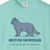 Close-up of the British Shorthair Field Notes print on a Chalky Mint Comfort Colors 1717 tee