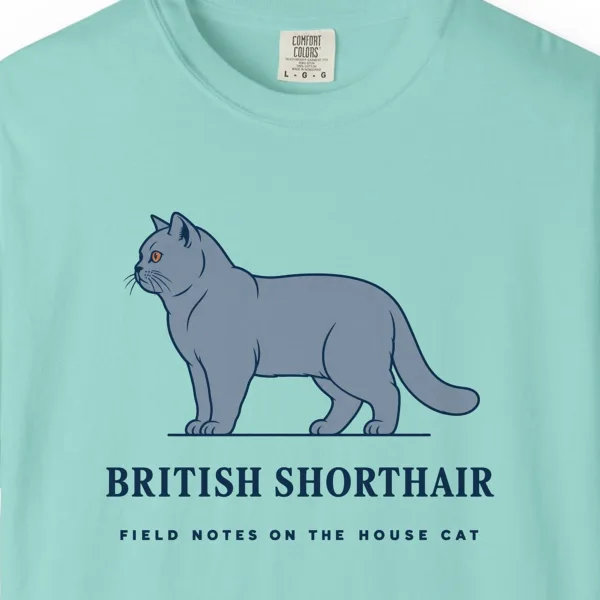 Close-up of the British Shorthair Field Notes print on a Chalky Mint Comfort Colors 1717 tee