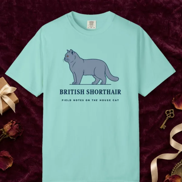 British Shorthair Field Notes design on a Chalky Mint Comfort Colors 1717 tee, laid flat