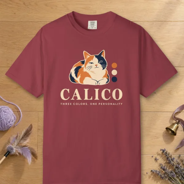 Calico design on a Chili Comfort Colors 1717 tee, laid flat