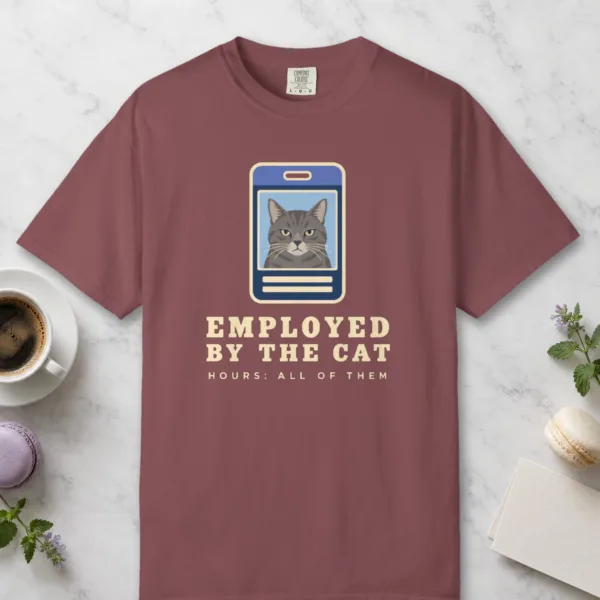 Employed by the Cat design on a Brick Comfort Colors 1717 tee, laid flat