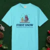 first-snow-tee-lagoon-blue-front First Snow design on a Lagoon Blue Comfort Colors 1717 tee, laid flat