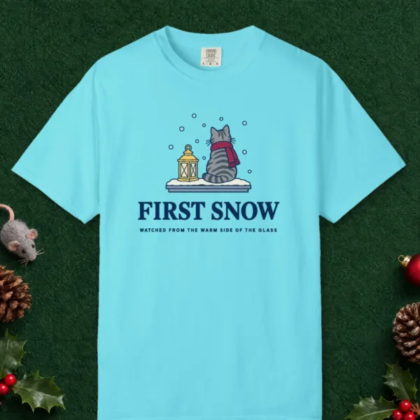 first-snow-tee-lagoon-blue-front First Snow design on a Lagoon Blue Comfort Colors 1717 tee, laid flat
