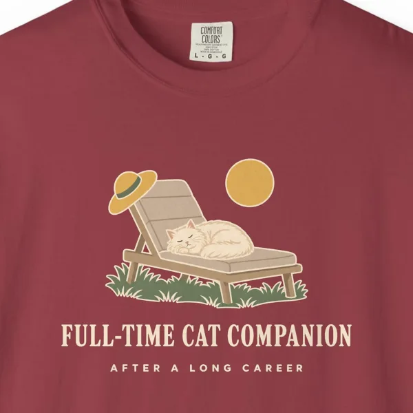 Close-up of the Full-Time Cat Companion print on a Chili Comfort Colors 1717 tee