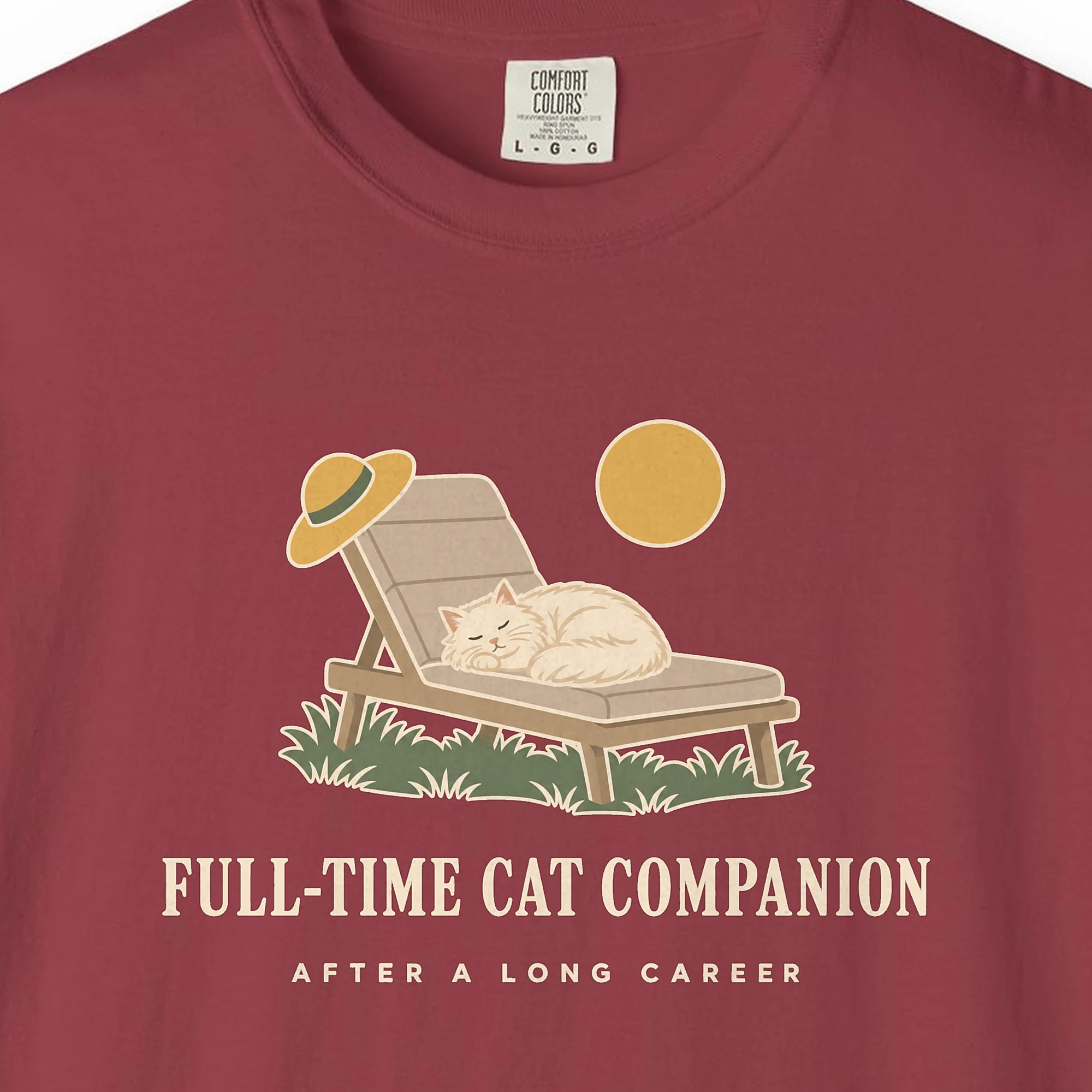 Close-up of the Full-Time Cat Companion print on a Chili Comfort Colors 1717 tee