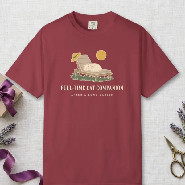 Full-Time Cat Companion design on a Chili Comfort Colors 1717 tee, laid flat
