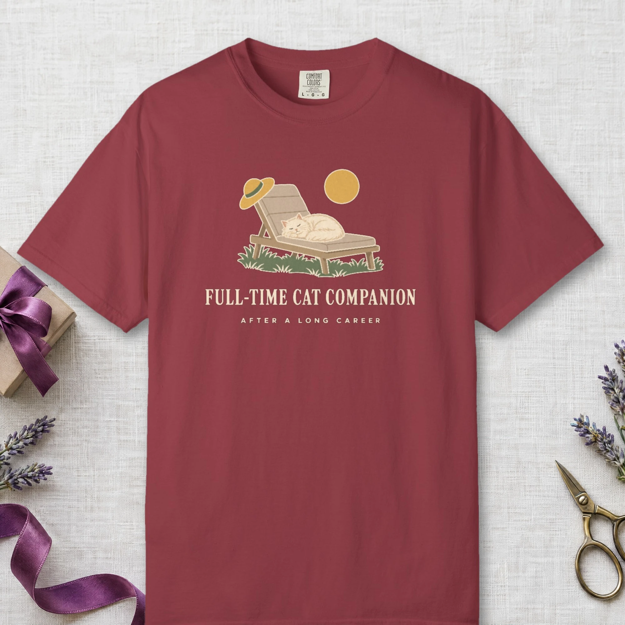 Full-Time Cat Companion design on a Chili Comfort Colors 1717 tee, laid flat