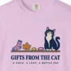 Close-up of the Gifts From the Cat print on an Orchid Comfort Colors 1717 tee