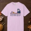 Gifts From the Cat design on an Orchid Comfort Colors 1717 tee, laid flat