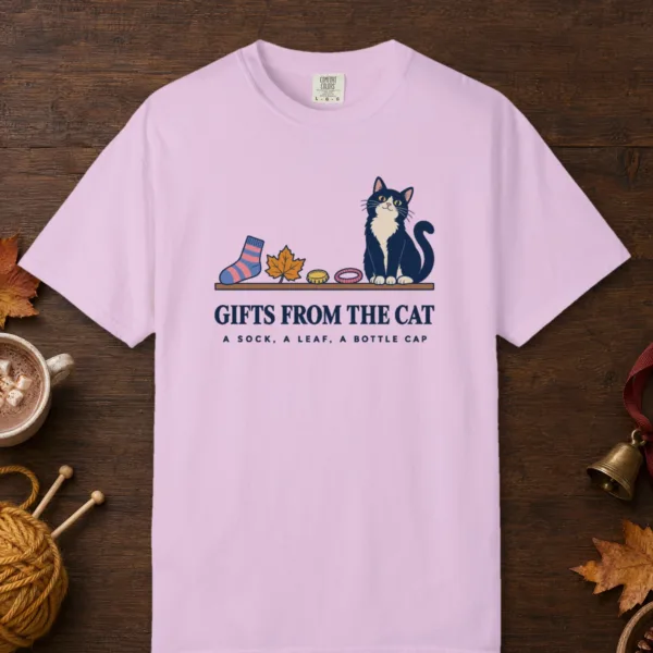 Gifts From the Cat design on an Orchid Comfort Colors 1717 tee, laid flat