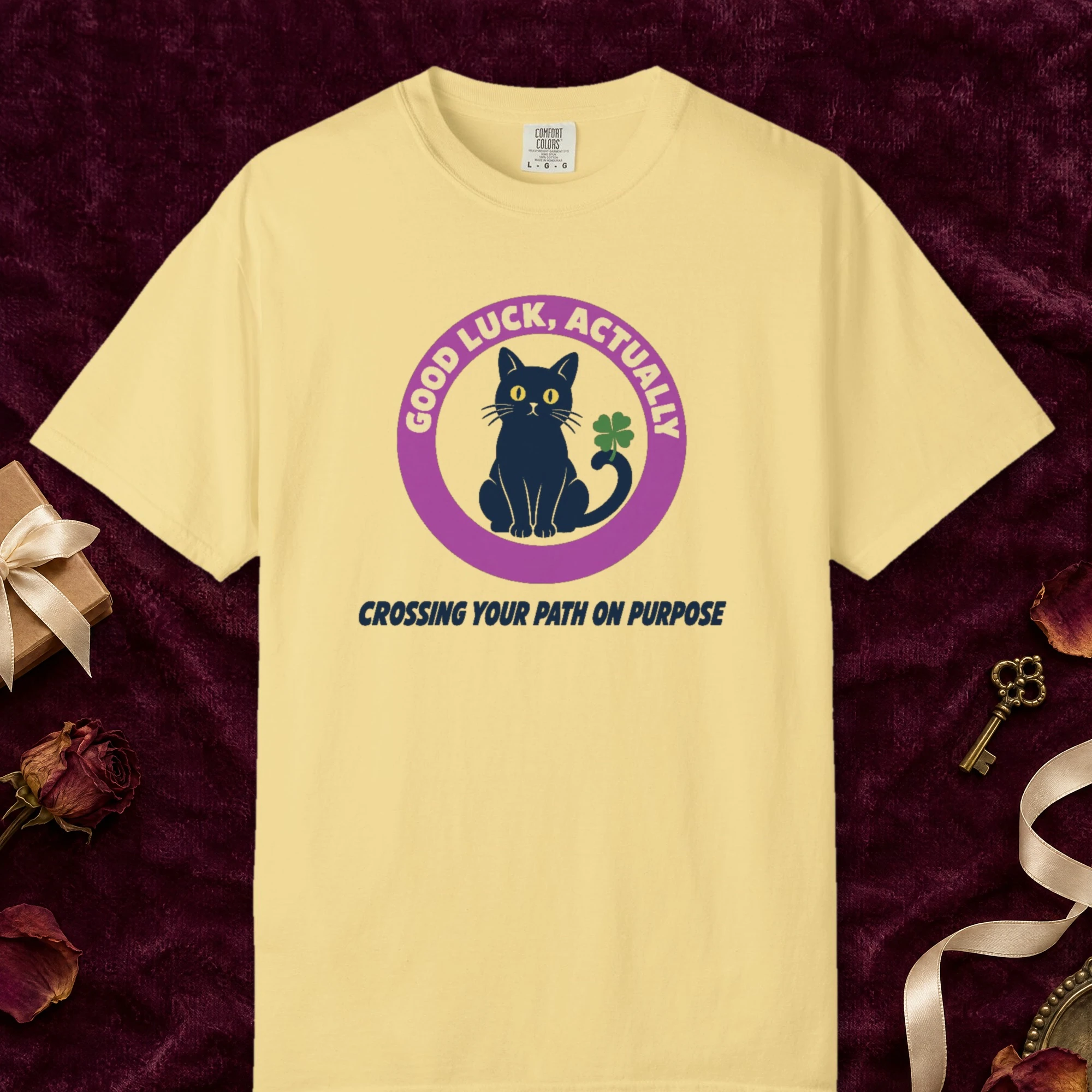 Good Luck, Actually design on a Butter Comfort Colors 1717 tee, laid flat