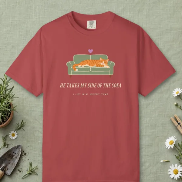 he-takes-my-side-of-the-sofa-tee-crimson-front He Takes My Side of the Sofa design on a Crimson Comfort Colors 1717 tee, laid flat