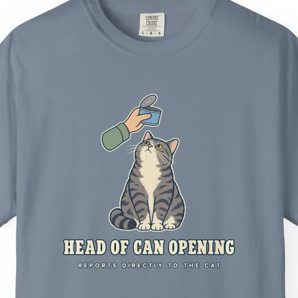 Close-up of the Head of Can Opening print on a Blue Jean Comfort Colors 1717 tee