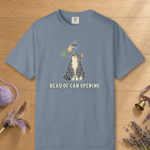 Head of Can Opening design on a Blue Jean Comfort Colors 1717 tee, laid flat