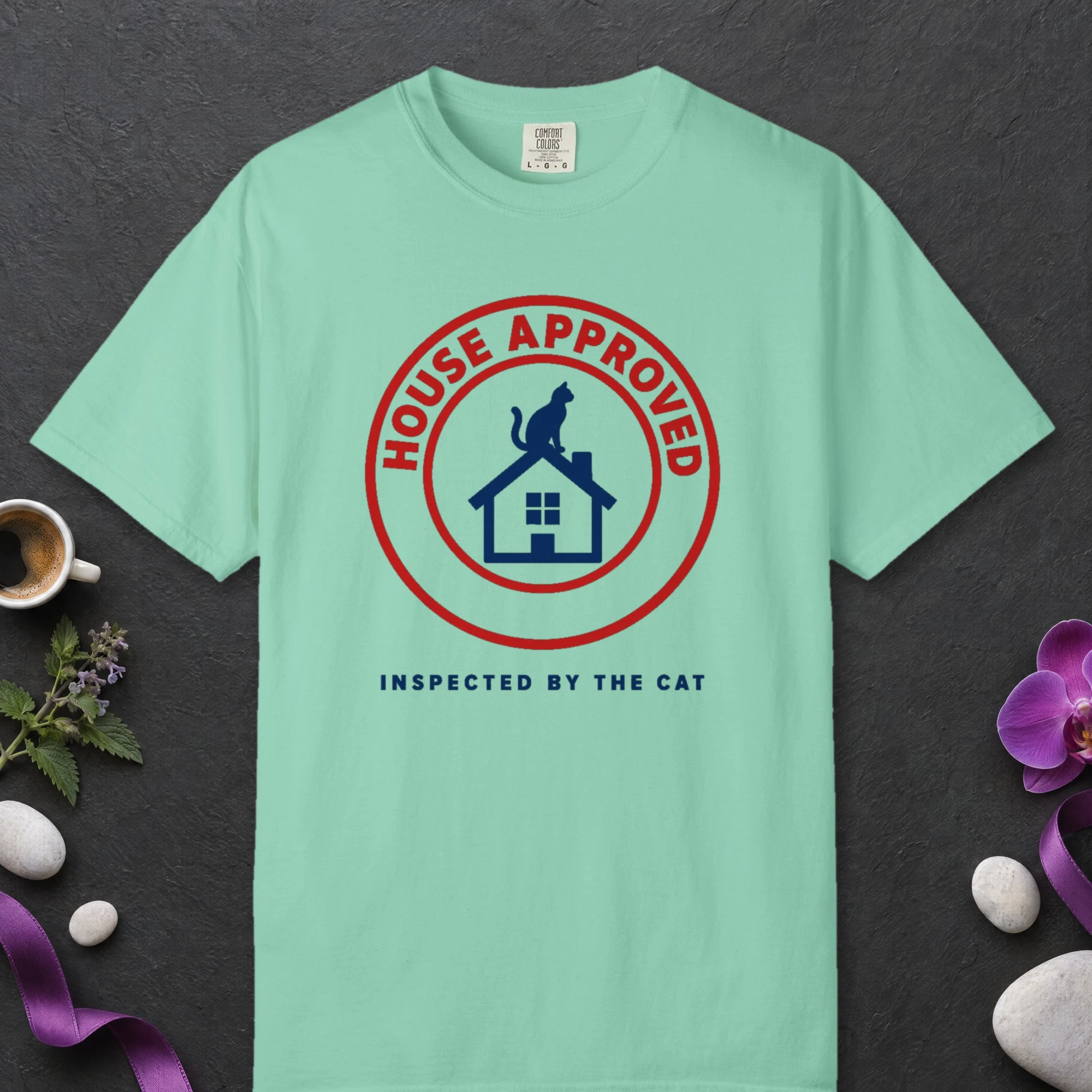 House Approved design on an Island Reef Comfort Colors 1717 tee, laid flat