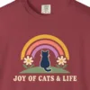 Close-up of the Joy of Cats and Life print on a Chili Comfort Colors 1717 tee