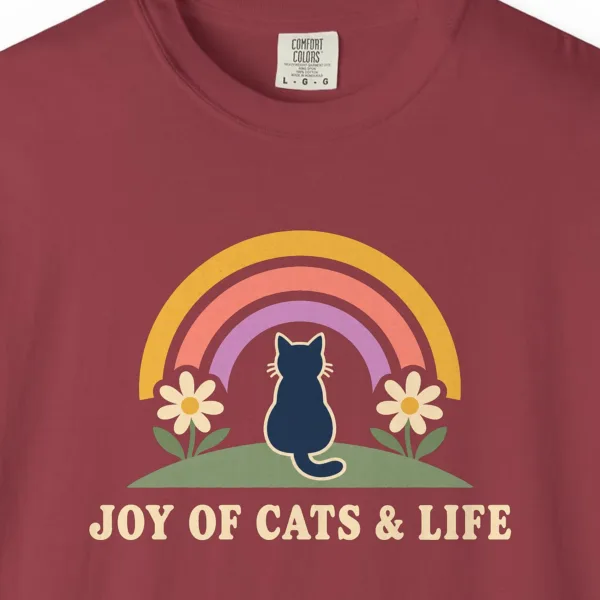 joy-of-cats-and-life-tee-chili-chest Close-up of the Joy of Cats and Life print on a Chili Comfort Colors 1717 tee